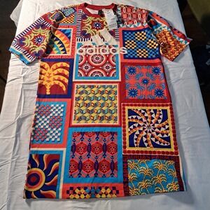 FARM RIO x Adidas Red Blue Kaleidoscope T-Shirt Dress Size 2XS Street Wear Boho